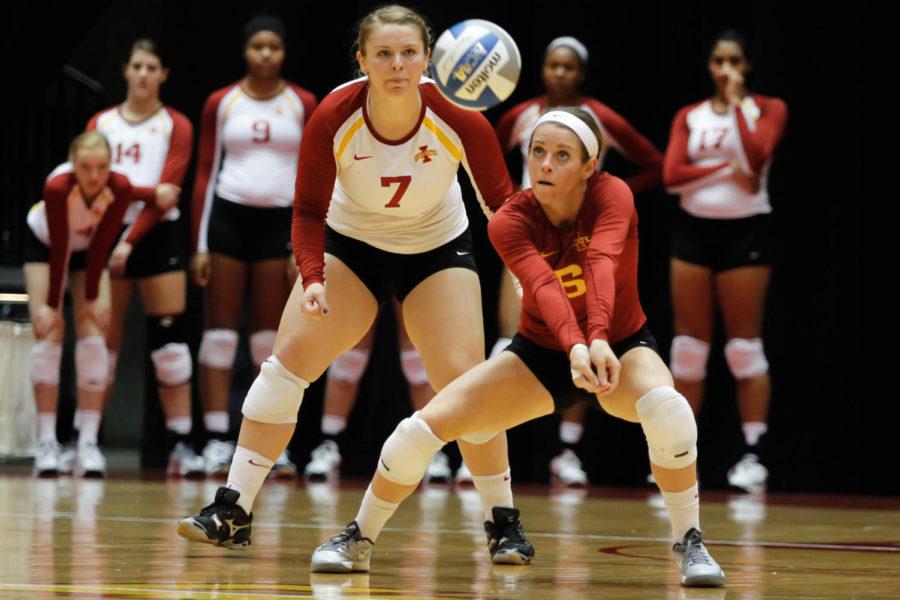 Senior libero Kristen Hahn digs a ball during Iowa States 3-0 sweep of the Sooners on Nov. 9 at Hilton Coliseum. Hahn had 20 plus digs on the night and continues to lead the Big 12 in digs per set with 5.84.