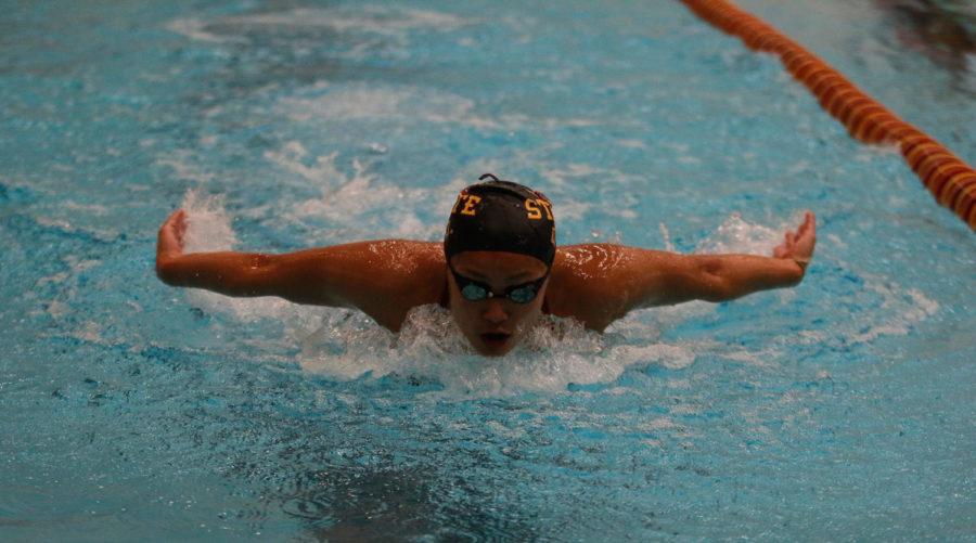 Freshman Karyl Clarete performs the butterfly stroke during a swim practice on Nov. 4. 