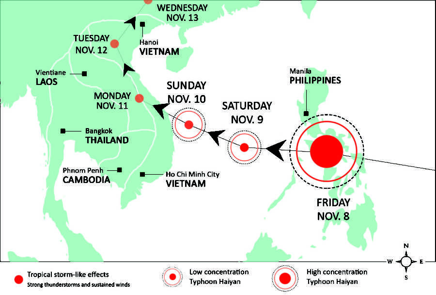 On Nov. 9, Typhoon Haiyan blew through the Philippines and affected many. This map shows the direction of the storm as it gradually dispersed and traveled to the northwest.