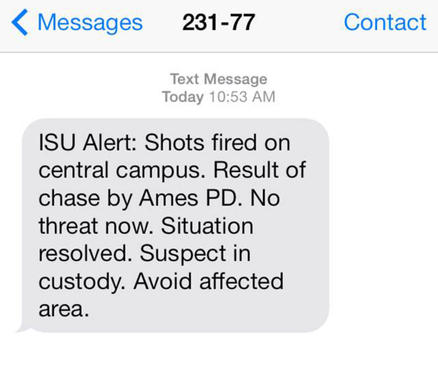 ISU Alert sent out this mass text message to all students today after the chase ensued and gunshots were fired. 