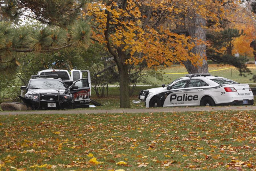 Police cars sustain damage after a chase ended on Central Campus on Monday morning. Ames Police pursued a stolen truck onto campus, where witnesses reported three gunshots were fired.