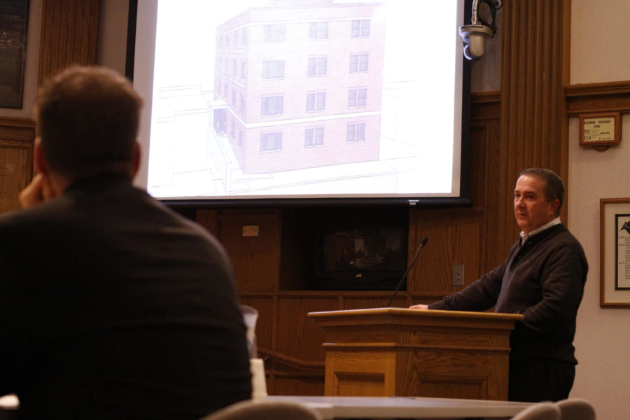 Jeff Harris, from Roseland Mackey Harris Architects, speaks to the Ames City Council. The council met Tuesday with the public on Campustown expansion, Kingland Systems’ projects and the Ames Urban Fringe Plan.