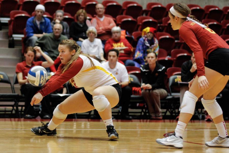 Sophomore defensive specialist Caitlin Nolan digs a ball during Iowa States 3-2 victory over Texas Tech on Oct. 30 at Hilton Coliseum.