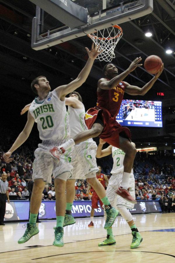 ISU junior Melvin Ejim attempts a layup against Notre Dame in the second round of the NCAA tournament on March 22, 2013, at the University of Dayton Arena.  Ejim was six out of 16 shooting in the 76-58 win over Notre Dame.
