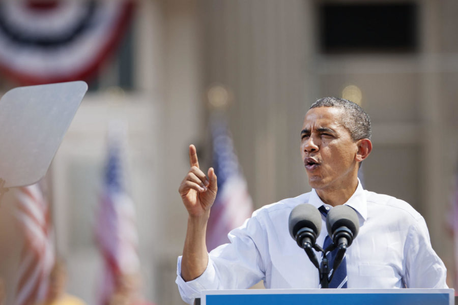 President Barack Obama speaks at Iowa State University in 2012.