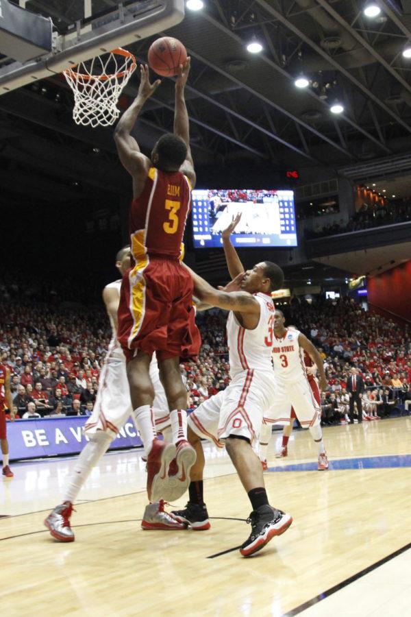 Junior Melvin Ejim goes up for the shot against Ohio State in the third-round game of the NCAA tournament on March 24, 2013, at the University of Dayton Arena. Ejim had 11 rebounds and 10 points in the 75-78 loss.

