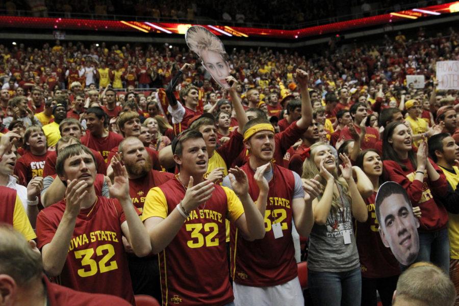 Fans cheer on the Cyclones against No. 7 Michigan at Hilton Coliseum on Nov. 17. The Cyclones upset the Wolverines 77-70.