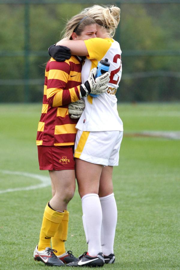 Senior+goalkeeper+Maddie+Jobe+embraces+her+teammate+after+playing+her+final+game+for+the+Cyclones.+Iowa+State+lost+to+Baylor+1-0%C2%A0in+their+Big+12+Championship+tournament+game+at+the+Swope+Soccer+Village+on+Nov.+6.