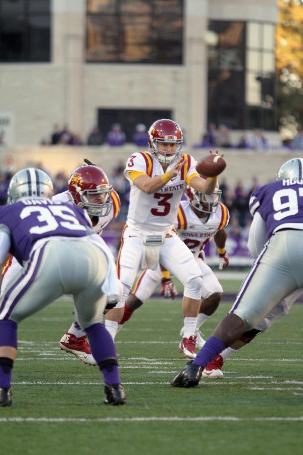 Iowa States quarterback, Grant Rohach, receives the ball at the beginning of the play to attempt to throw to an open player during the Kansas State game on Saturday, Nov. 2. Iowa State ended up losing with a final score of 41-7.