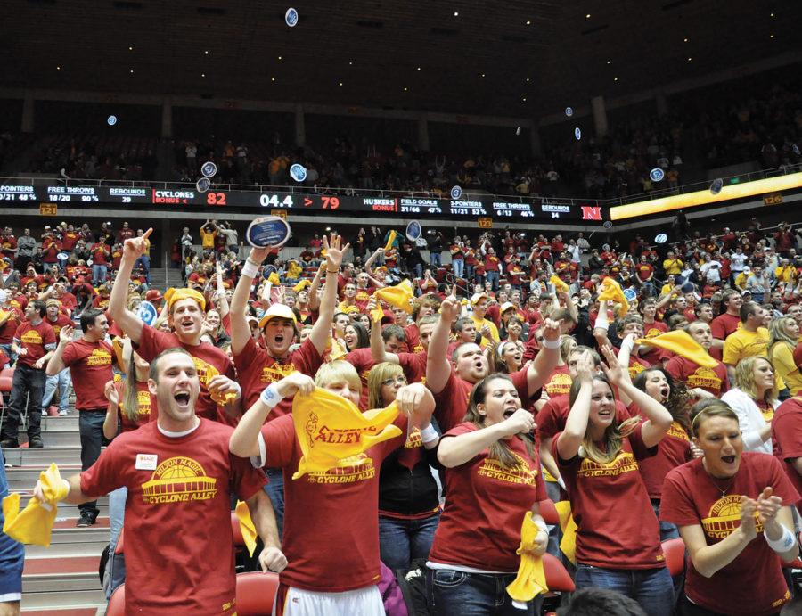 Cyclone+fans+cheer+at+the+end+of+the+game+against+Nebraska+on+Saturday+at+Hilton+Coliseum.+The+Cyclones+beat+the+Cornhuskers+in+overtime+83-82.