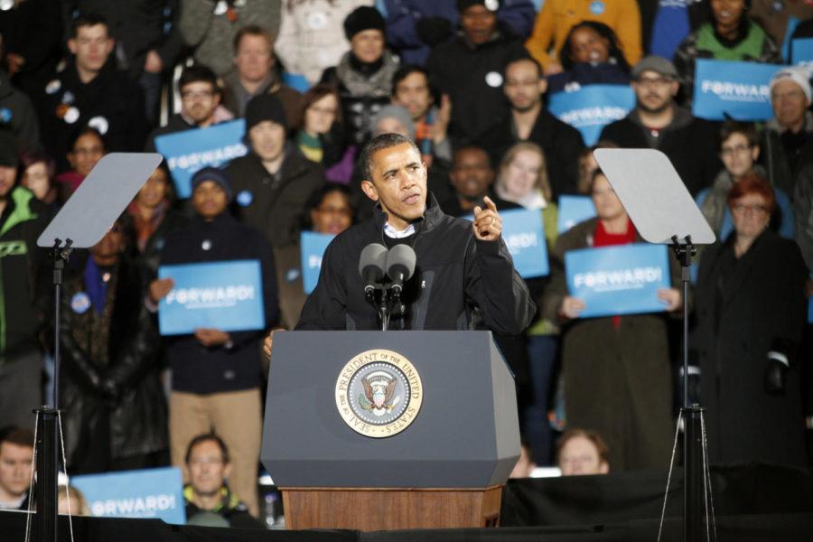 President Barack Obama speaks at the final rally for his re-election Monday, Nov. 5, in Des Moines East Village.
