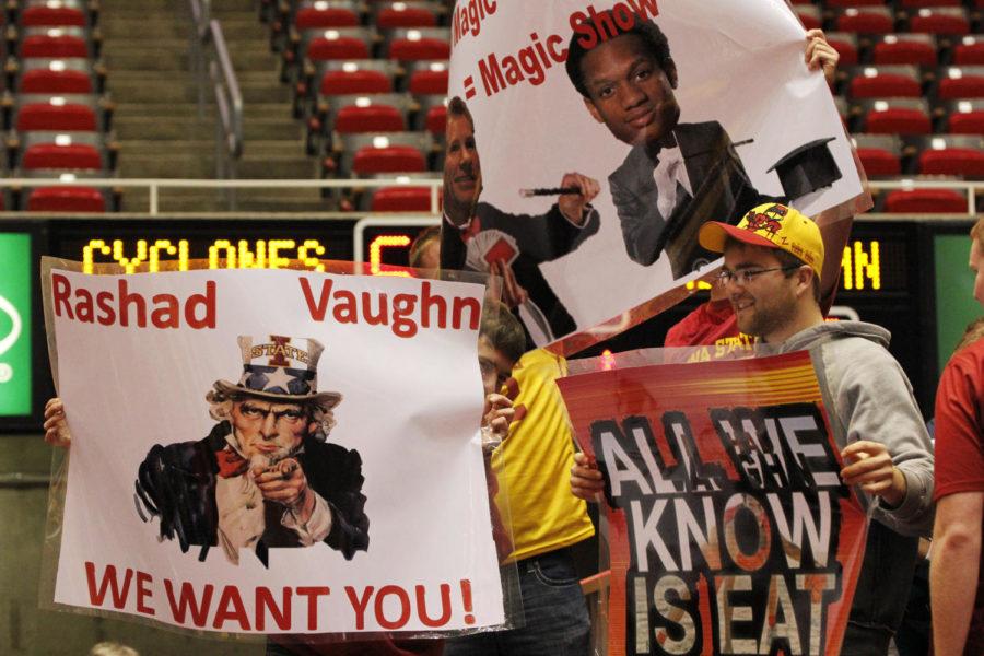 Cyclone+Alley+wants+Rashad+Vaughn+to+choose+Iowa+State+at+the+Michigan+game+at+Hilton+Coliseum+on+Nov.+17.+The+students+were+sitting+a+few+rows+behind+Vaughn+who+was+in+attendance+for+the+Cyclones+upset+of+Michigan+77-70.