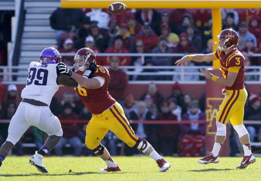 Redshirt freshman quarterback Grant RohachCQ throws the ball against TCU in the Homecoming game on Nov. 9 at Jack Trice Stadium. Rohach completed 18 out of 39 passes in the 17-21 loss.