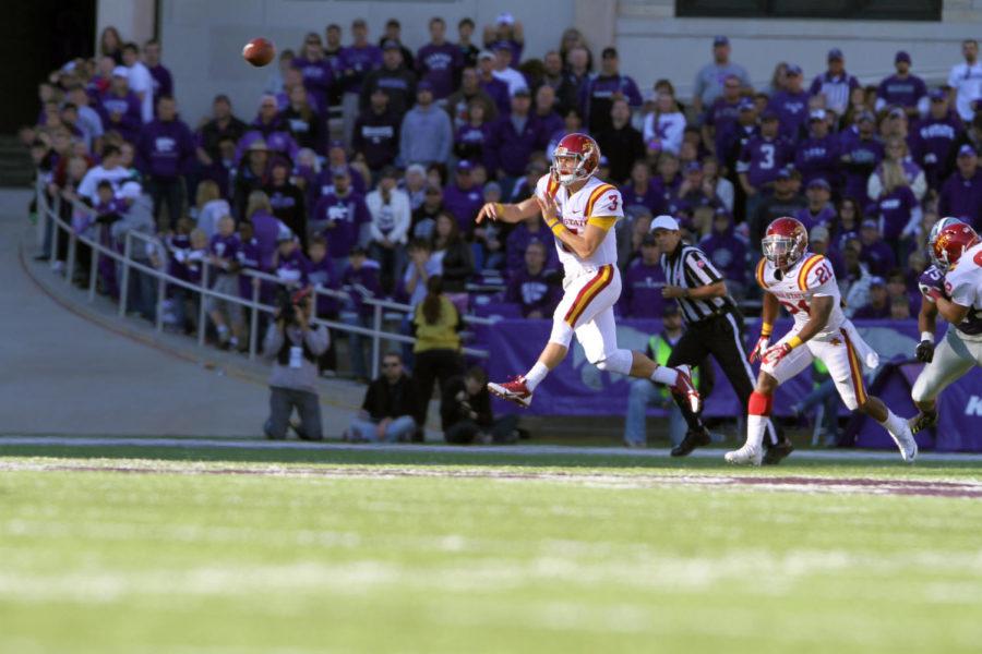 Iowa States quarterback, Grant Rohach, throws the ball after a fourth down by the Wildcats. Rohach had a total of 88 yards in passing but still lost to the Wildcats with a final score of 7-41.