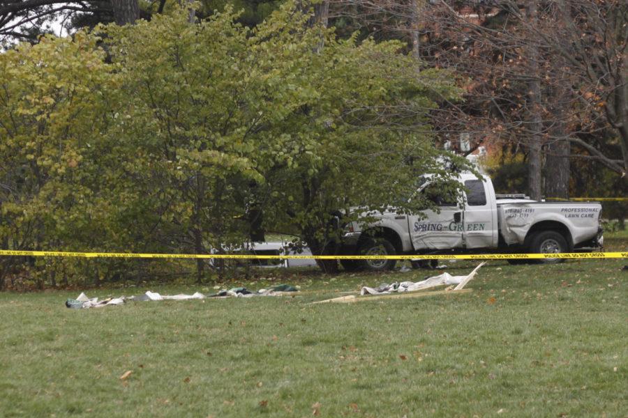 A stolen truck crashed into a tree on Central Campus after a chase with Ames Police on Monday morning, Nov. 4. Witnesses reported hearing three gunshots.