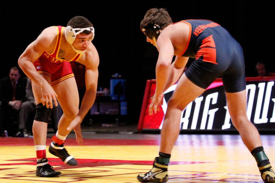 At 157, Logan Molina stares down his opponent. Iowa State defeated Midland on Friday, Nov. 15, at Hilton Coliseum 38-3.