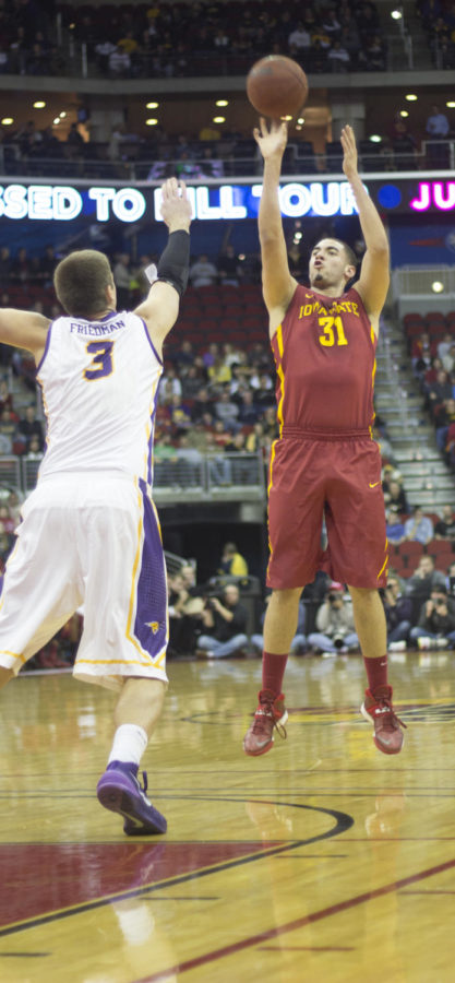 ISU sophomore Georges Niang makes a jump shot against Northern Iowa on Saturday, Dec. 7 at Wells Fargo Arena in Des Moines.  Although Niang fouled out before the game went into overtime, he was 9 of 16 from the field with a career-high 22 points. 