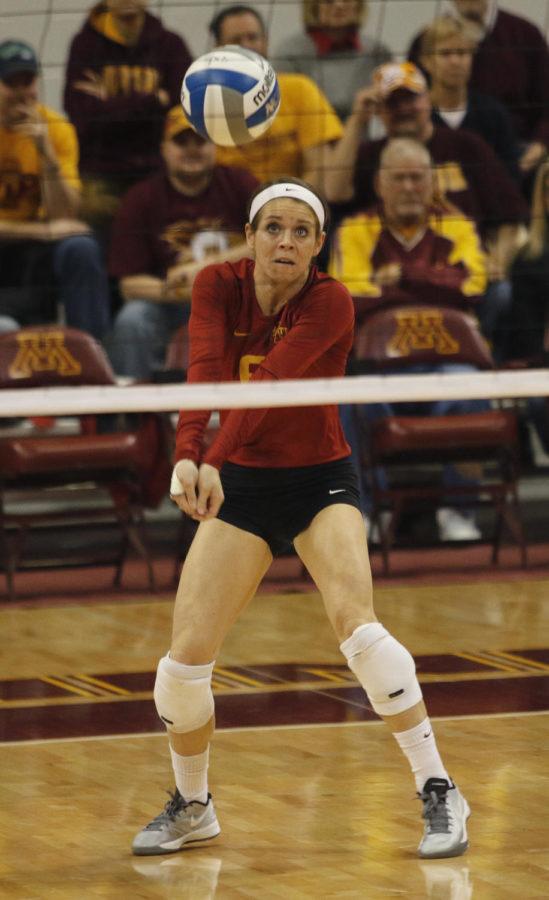 No. 6 senior libero Kristen Hahn returns a serve against Colorado on Dec. 6 at the Sports Pavilion in Minneapolis, MN. Colorado topped ISU 3-1, ending ISUs season. Hahn went out with her 68th straight match with 10 or more digs. She claimed 20 digs against Colorado. 