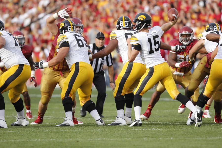 Hawkeye sophomore quarterback Jake Rudock throws the ball in the rivalry game with the Cyclones on Sept. 14 at Jack Trice Stadium. Rudocks largest gain from a completion was 26 yards in the Hawkeyes 27-21 victory.
