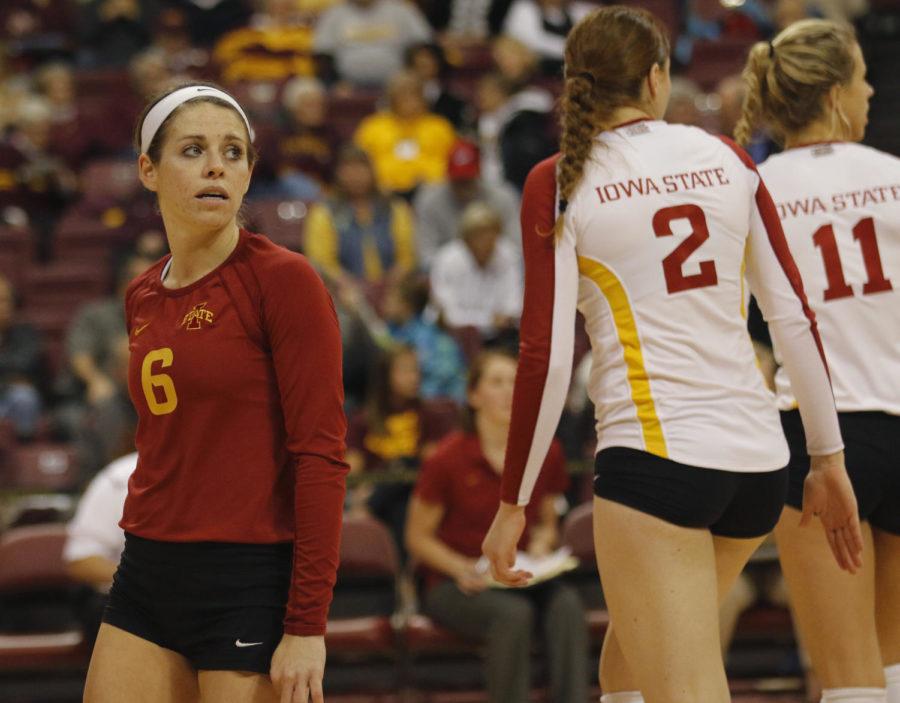 ISU senior libero Kristen Hahn looks across the court toward the scoreboard after Colorado scored the final point, ending ISUs season in the NCAA tournament on Dec. 6 at the Sports Pavilion in Minneapolis, Minn. Hahn ended her career with her 68th straight match with 10 or more digs. She claimed 20 digs against Colorado. 