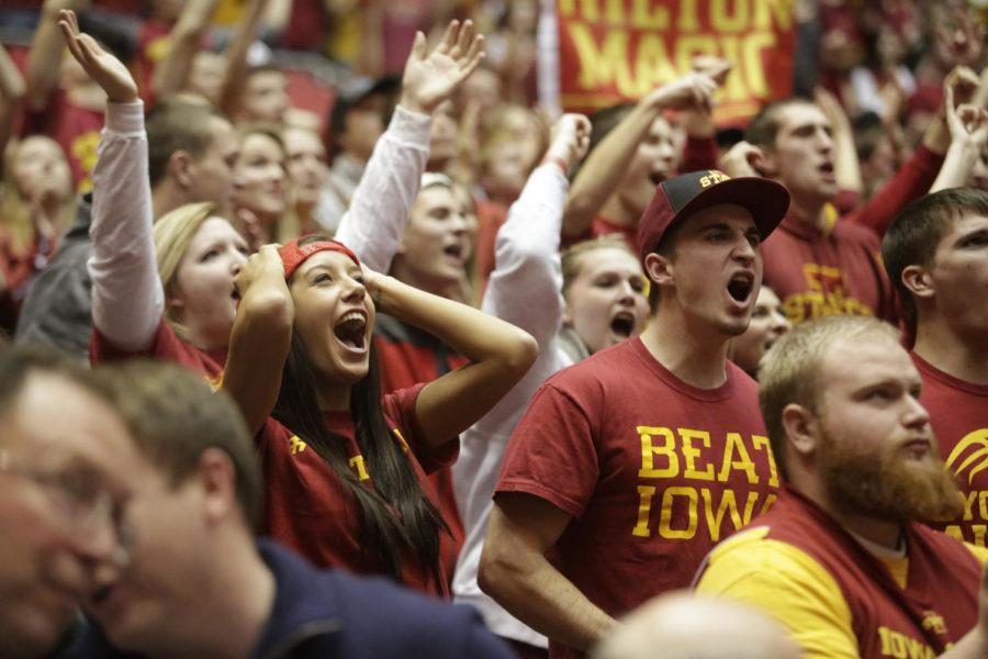 Cyclone+fans+react+after+Iowa+State+took+the+lead+late+in+the+game%C2%A0during+Iowa+States+85-82+win+over+Iowa+Dec.+13%2C+2013+at+Hilton+Coliseum.