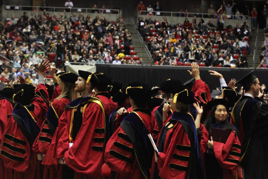The 2013 Fall Commencement ceremony was held Dec. 21, 2013, at Hilton Coliseum. The graduating class celebrates during the ceremony. 