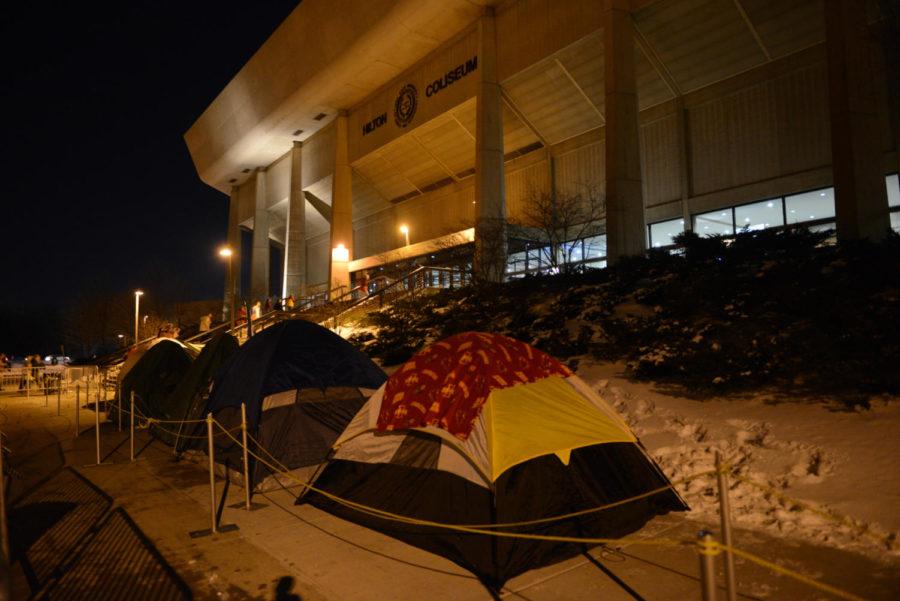 The camps are set up at north side of Hilton Coliseum to queue for the state rival Iowa State vs Iowa mens basketball on Friday. They are waiting so that they can get a good seat for the game.