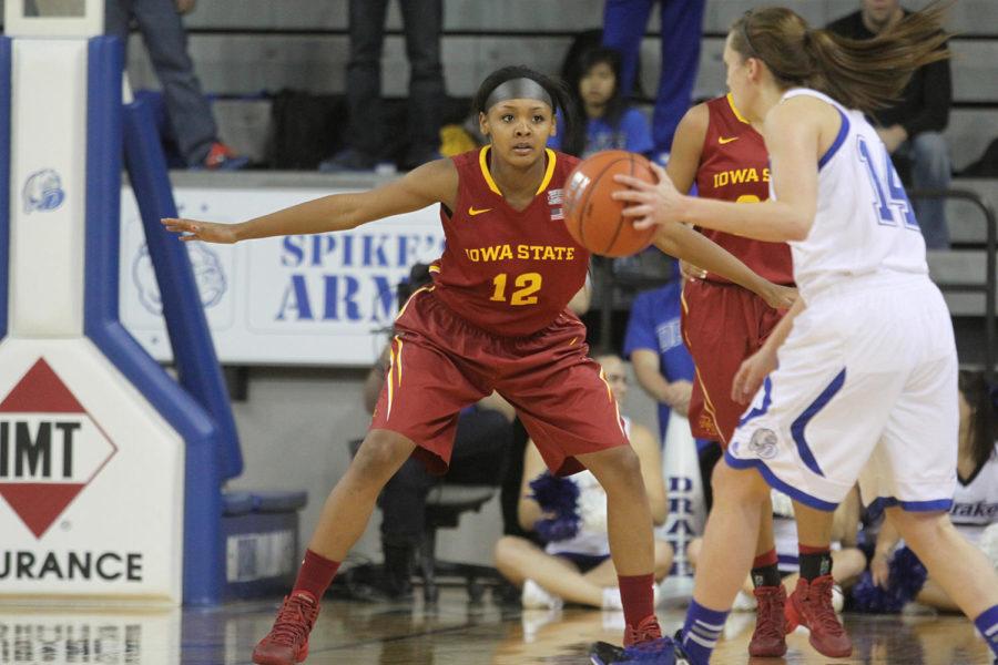 Seanna Johnson defends the net against the Drake Bulldogs on Sunday afternoon, Nov. 24, in Des Moines. Johnson recorded her first career double-double with 14 points and 11 boards, helping in the Cyclone victory over the Bulldogs with a final score of 89-47.