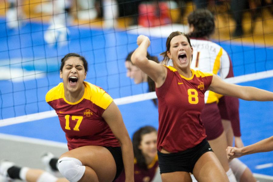 ISU right side hitters Tenisha Matlock and Kelsey Petersen react after a point during the Cyclones Sweet 16 victory against Minnesota on Friday in Minneapolis. The win put the Cyclones in the Elite 8 for the second time in four years, but they were eliminated Saturday by Florida State in five sets.
