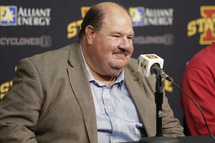 New Iowa State football hires Mark Mangino (pictured) addresses the media along on Jan. 9 in the Pete Taylor Media Room at Hilton Coliseum. Mangino has been hired on as the new offensive coordinator filling the position left by Courtney Messingham who was dismissed from the team after the 2013 season. The Cyclones ranked second-to-last in scoring offense in 2013.