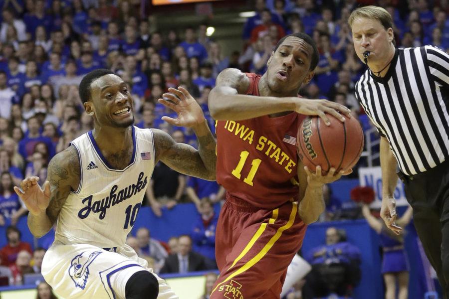 Freshman guard Monte Morris gets fouled during the Cyclones 92-81 loss to Kansas. Morris scored four points for Iowa State.