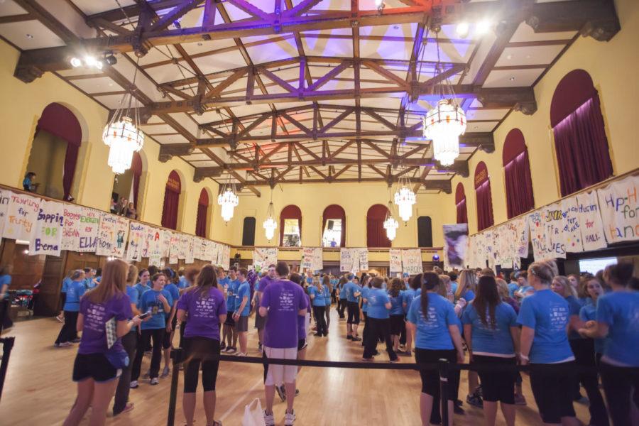 Students participate in activities during Dance Marathon in the Great Hall of the Memorial Union.