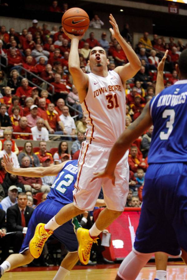 Sophomore forward Georges Niang shot a jump shot during Iowa States 80-50 win over the Texas A&M-Corpus Christi Islanders on Tuesday, Nov. 12, at Hilton Coliseum. Niang had his 25th career game with over 10 points and his second career game with five assists.