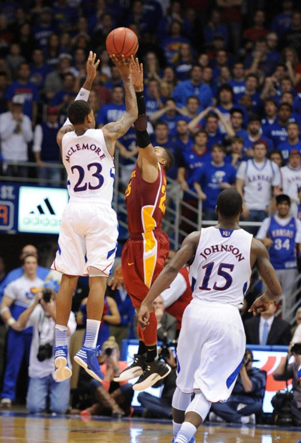 Kansas guard Ben McLemore shoots a 3-pointer with 1.3 seconds remaining in regulation to tie the game against Iowa State on Jan. 9, 2013. The Jayhawks went on to beat the Cyclones 97-89 in overtime at Allen Fieldhouse in Lawrence, Kan.