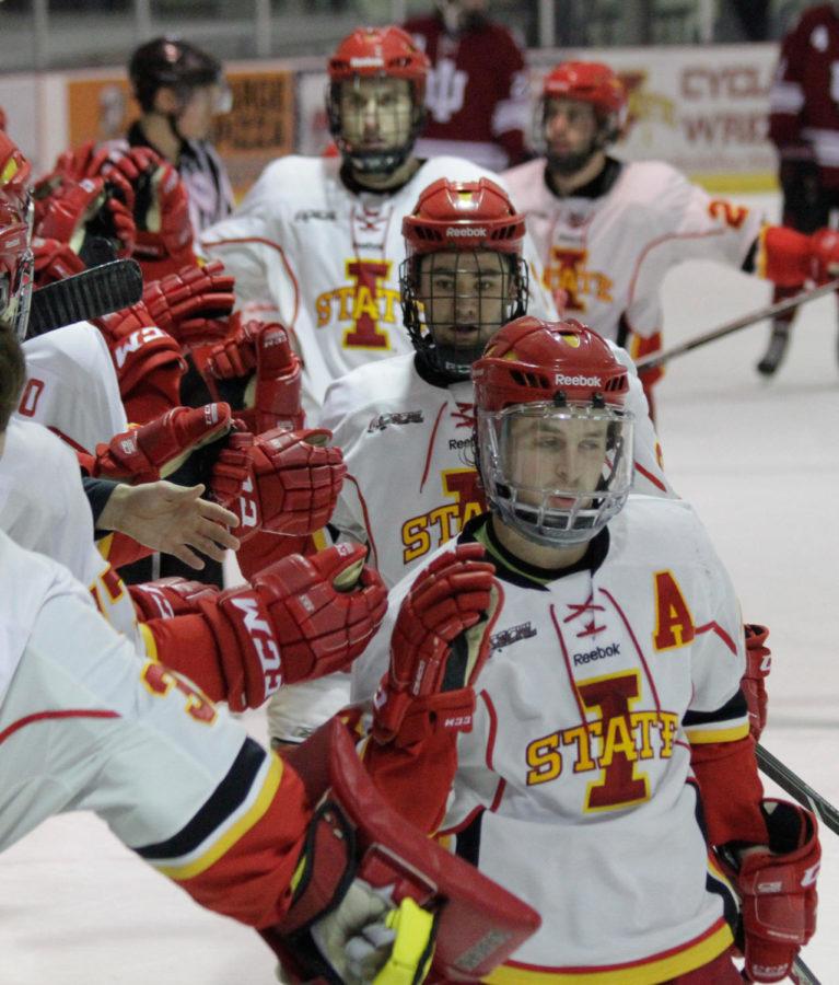 The Cyclone Hockey team celebrates after scoring a goal against the Indiana Hoosiers on Jan. 12. The Cyclones won 8-0.