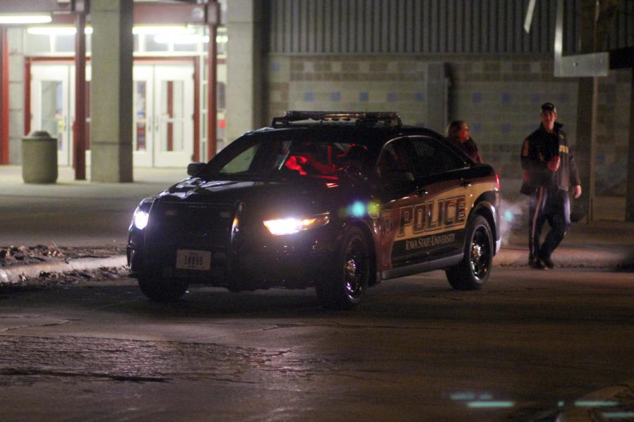 ISU Police arrive at the scene of an incident involving a gun being displayed outside of Lied Recreation Athletic Center.