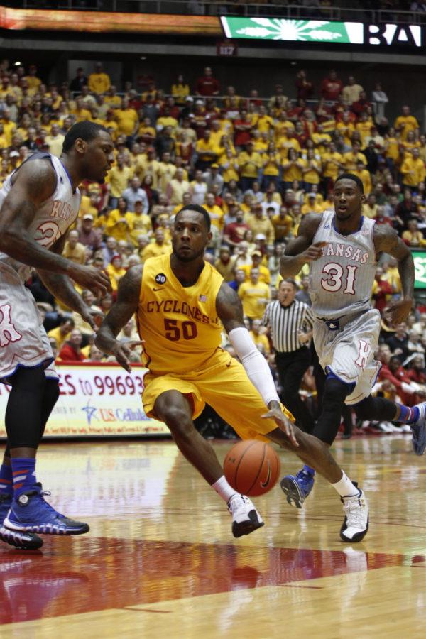 DeAndre Kane drives to the basket against No. 15 Kansas on Jan. 13 in a top-15 matchup at Hilton Coliseum. 