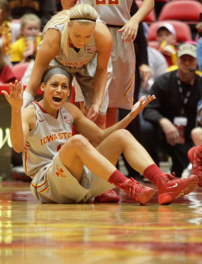 Junior guard Nikki Moody reacts to a call during the game against Oklahoma on Jan. 21 at Hilton Coliseum. The Cyclones lost to the Sooners 54-75. Moody led the Cyclones with 16 points. 