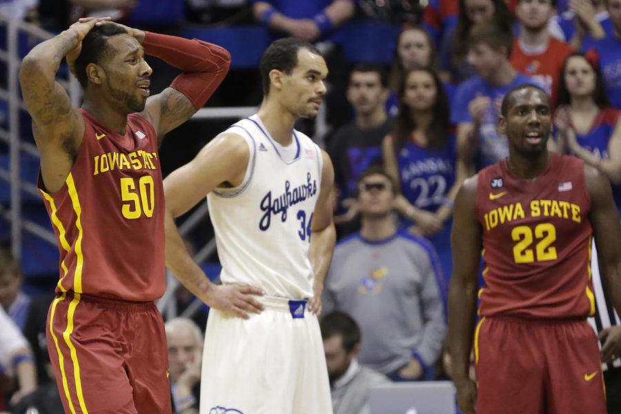 Senior guard DeAndre Kane reacts after a Cyclone turnover during Iowa States 92-81 loss to Kansas Jan. 29 at Allen Fieldhouse. The Cyclones had 13 turnovers in the game.