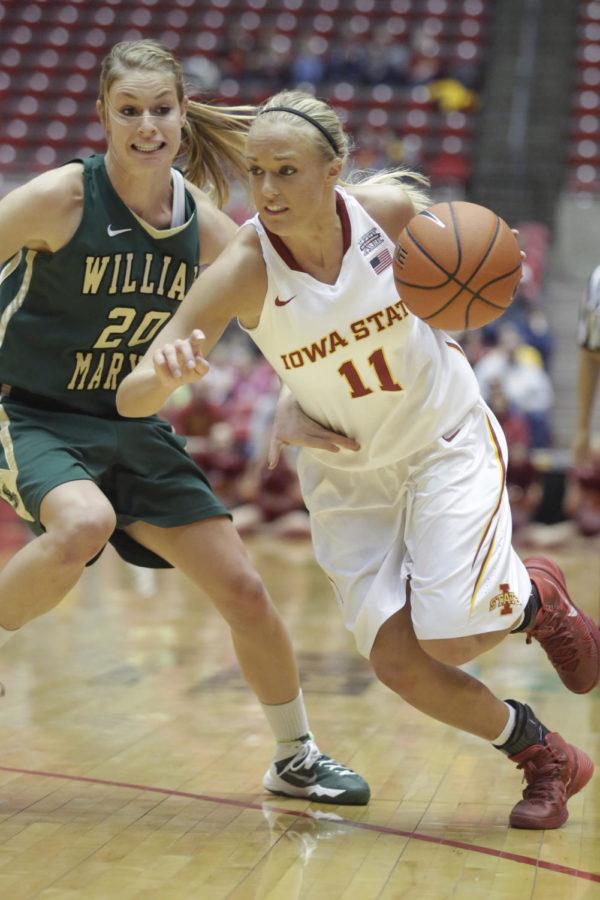 Freshman guard Jadda Buckley dribbles towards the basket during Iowa States 85-65 win over William & Mary on Dec. 29, 2013 at Hilton Coliseum. Buckley was three of four from three point range and finished the game with 19 points.