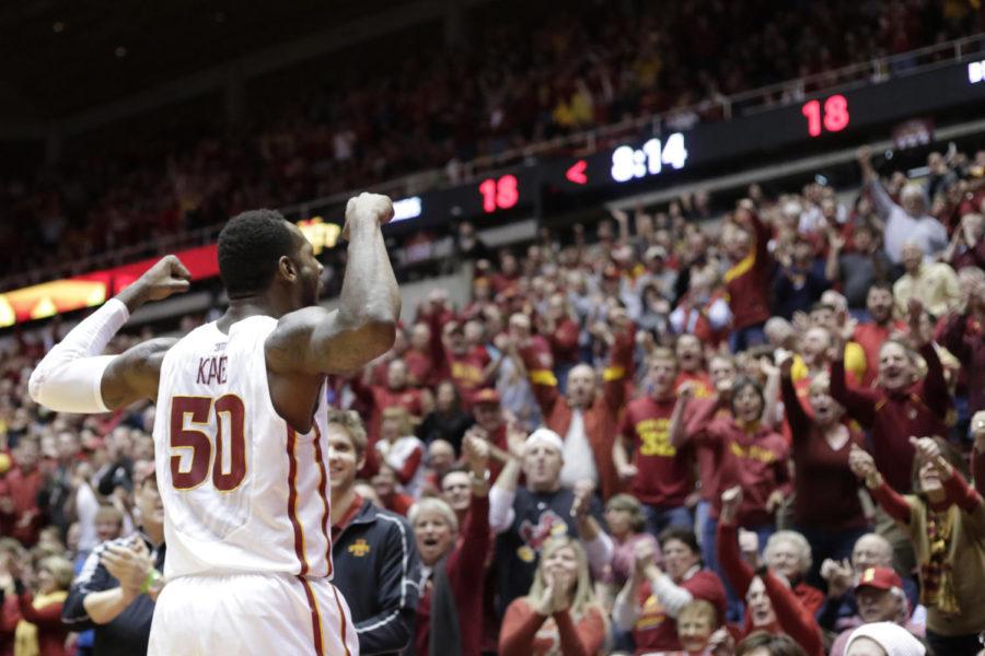 Senior guard DeAndre Kane flexes at a cheering crowd during Iowa States 87-72 win over Baylor on Jan. 7 at Hilton Coliseum. Kane scored a season high 30 points that night.
