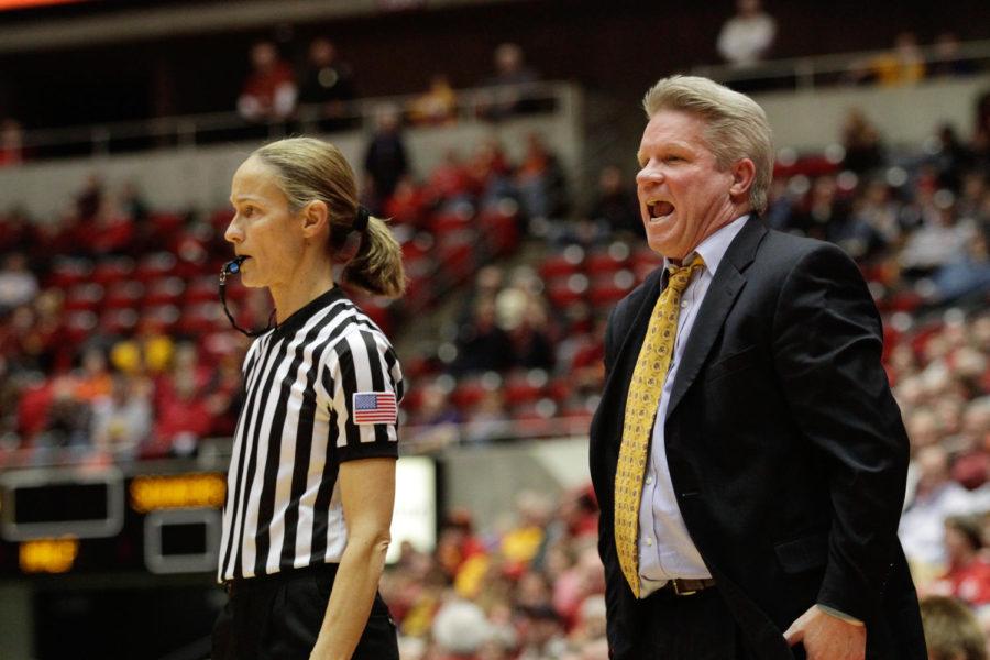 Head coach Bill Fennelly reacts to a call during the women's game versus Oklahoma on Jan. 21. The Cyclones lost to the Sooners 54-75. 