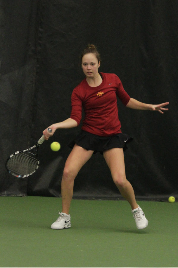 Ana Gasparovic returns the ball during the season opener versus Southeast Missouri State on Jan. 26. The Cyclones won all five singles matches that they played.