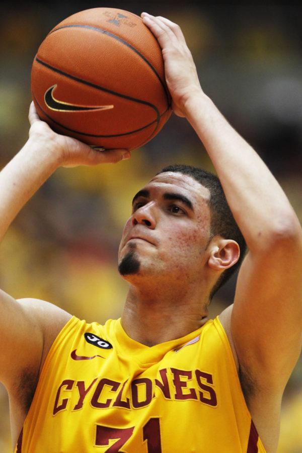 Sophomore Georges Niang shoots a free throw during the game against Kansas on Jan. 13. The Cyclones fell to the Jayhawks 77-70.