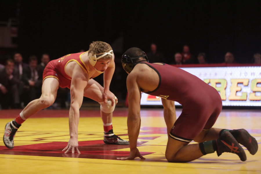 Redshirt+junior+Luke+GoettlCQ%2C+149+lbs%2C+squares+off+against+his+opponent+on+Jan.+12+at+Hilton+Coliseum.+Goettl+lost+by+major+decision.+Iowa+State+lost+the+dual+to+Oklahoma+11+to+27.