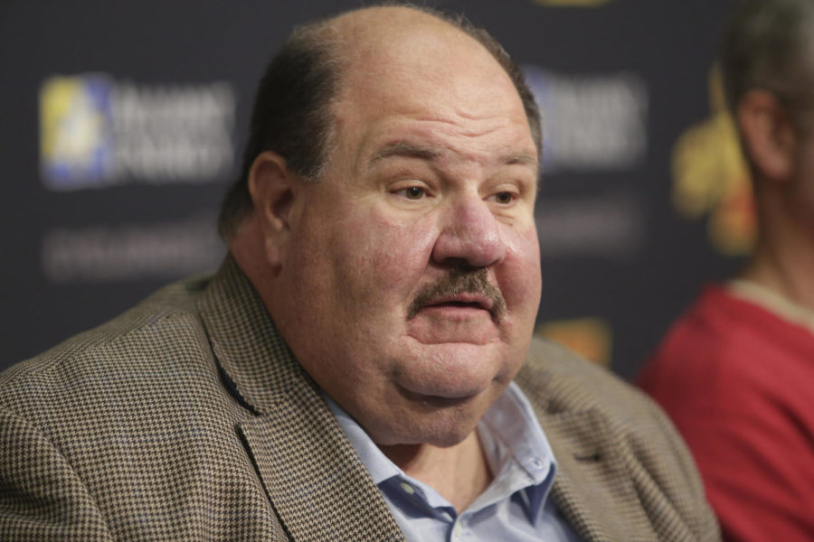 New Iowa State football hires Mark Mangino and Louis Ayeni (not pictured) address the media along with head coach Paul Rhoads on Jan. 9 in the Pete Taylor Media Room at Hilton Coliseum. Mangino has been hired on as the new offensive coordinator filling the position left by Courtney Messingham who was dismissed from the team after the 2013 season. The Cyclones ranked second-to-last in scoring offense in 2013.