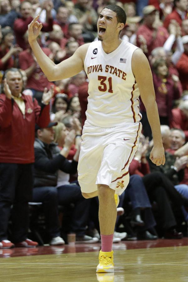 Sophomore forward Georges Niang celebrates after sinking a three-point shot during Iowa States 81-75 win over Kansas State on Jan. 25 at Hilton Coliseum. Niang scored 18 points and made four of six from behind the arc.