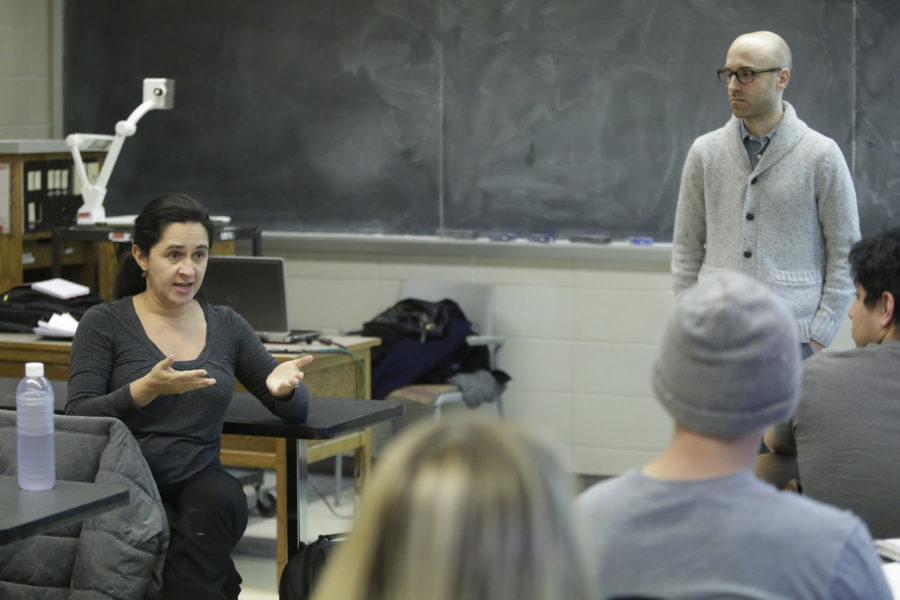 Monica Haddad, associate professor of community and regional planning, talks to her students with a guest speaker. Haddad teaches a class on social justice which centers around identifying and brainstorming solutions for social justice.