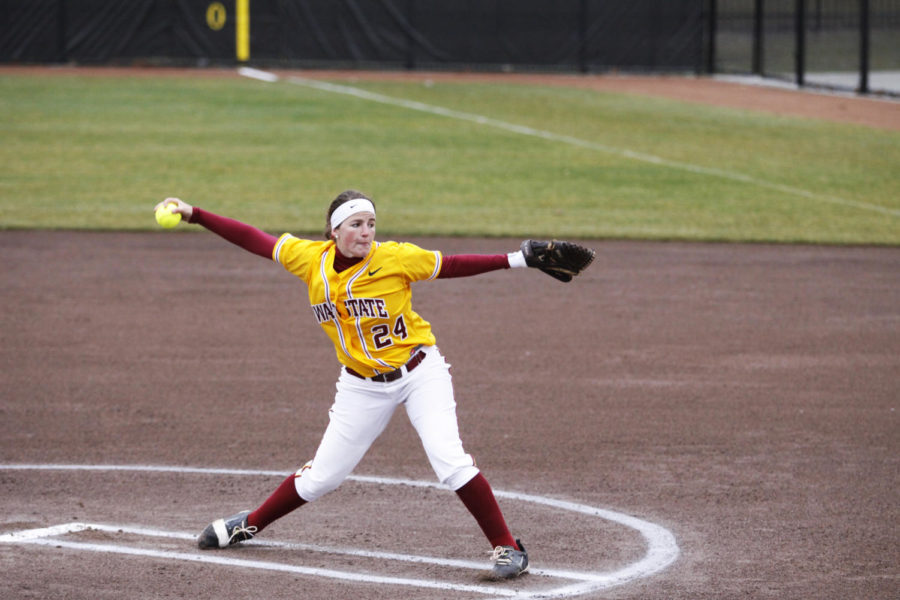 Pitcher Tori Torrescano throws against the Bulldogs on April 9, 2013, at the Cyclone Sports Complex. Iowa State defeated the Bulldogs 6-5.
