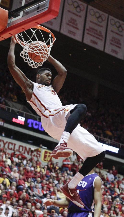 Senior Forward Melvin Ejim dunks the ball versus TCU on Feb. 8 at Hilton Coliseum. The Cyclones beat the Horned frogs 84-69. Ejim set a Big-12 single game record with 48 points, in addition to a career-high 18 rebounds.